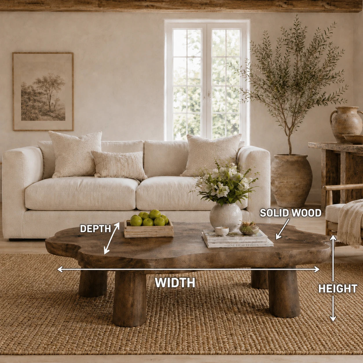 Living room coffee table with organic edges and broad legs for a relaxed natural aesthetic