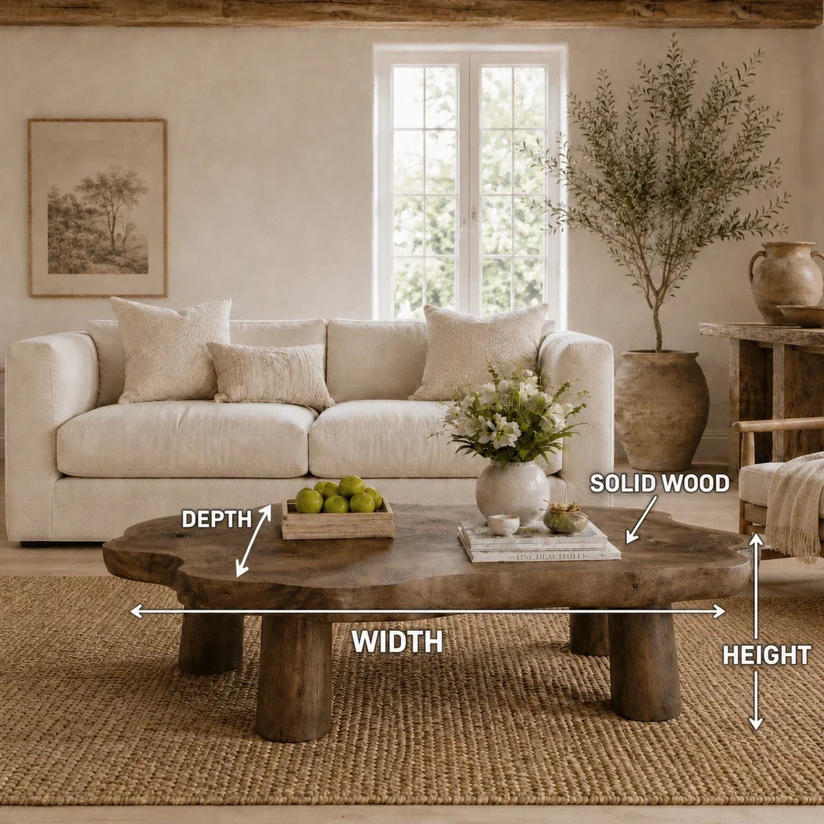 Living room coffee table with organic edges and broad legs for a relaxed natural aesthetic