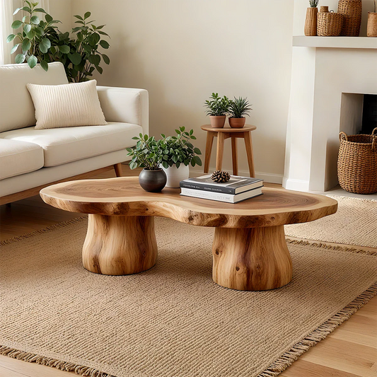 Brown coffee table with rounded top and tapered legs