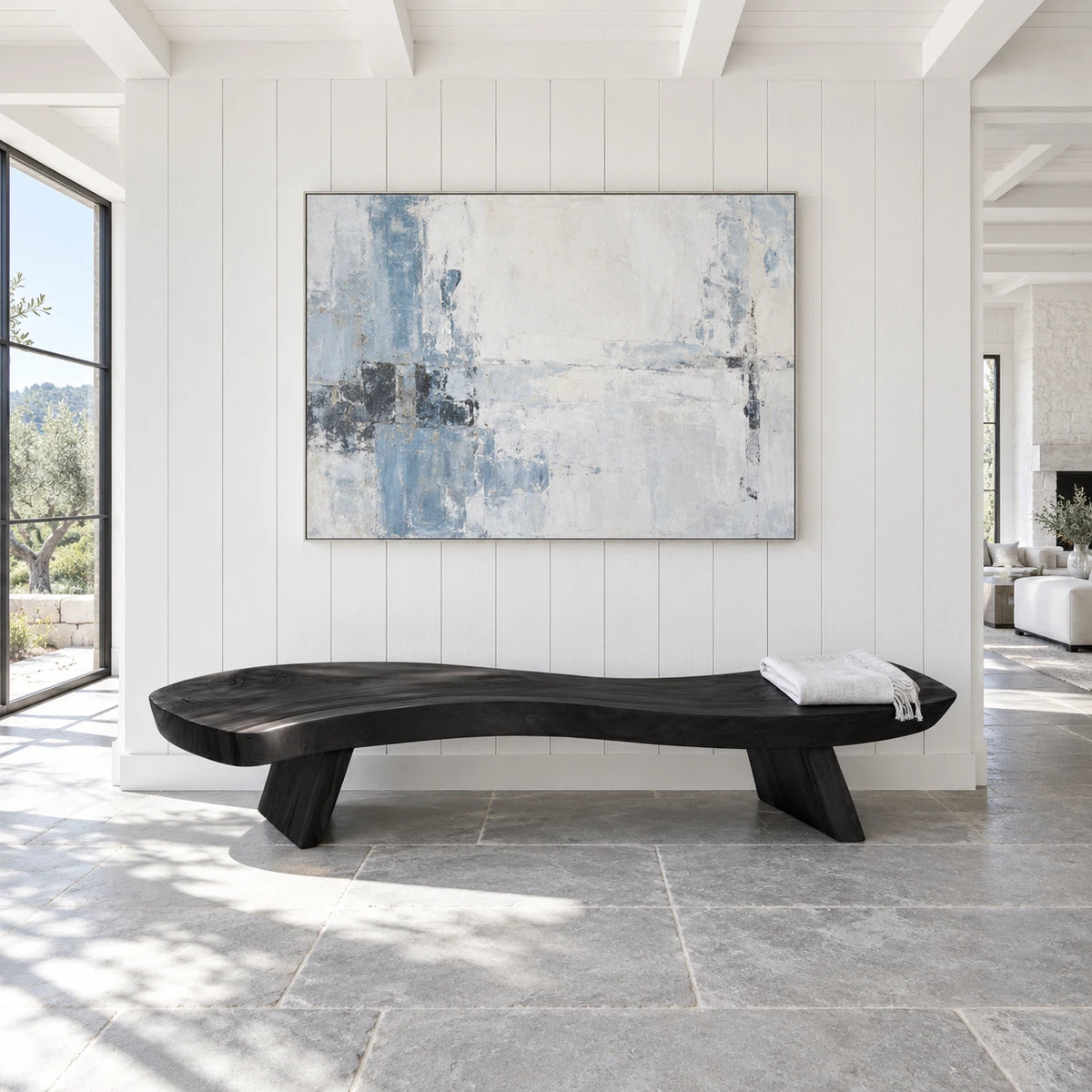 End of Bed Bench with Wavy Live-Edge Slab Seat on Two Splayed Panel Legs - Arboriswood - 10