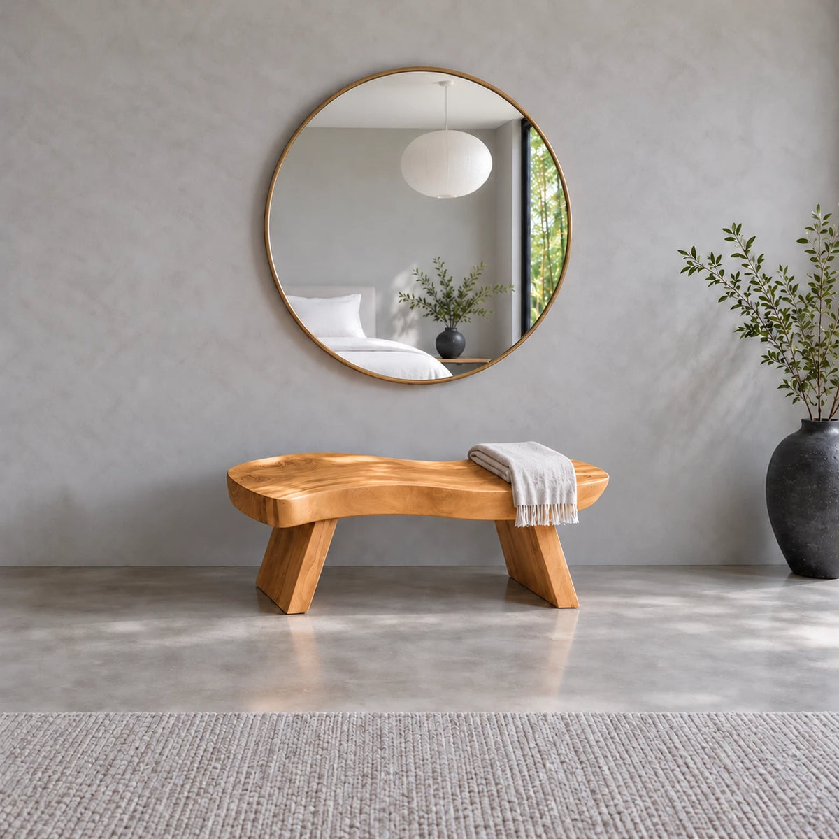End of Bed Bench with Wavy Live-Edge Slab Seat on Two Splayed Panel Legs - Arboriswood - 11
