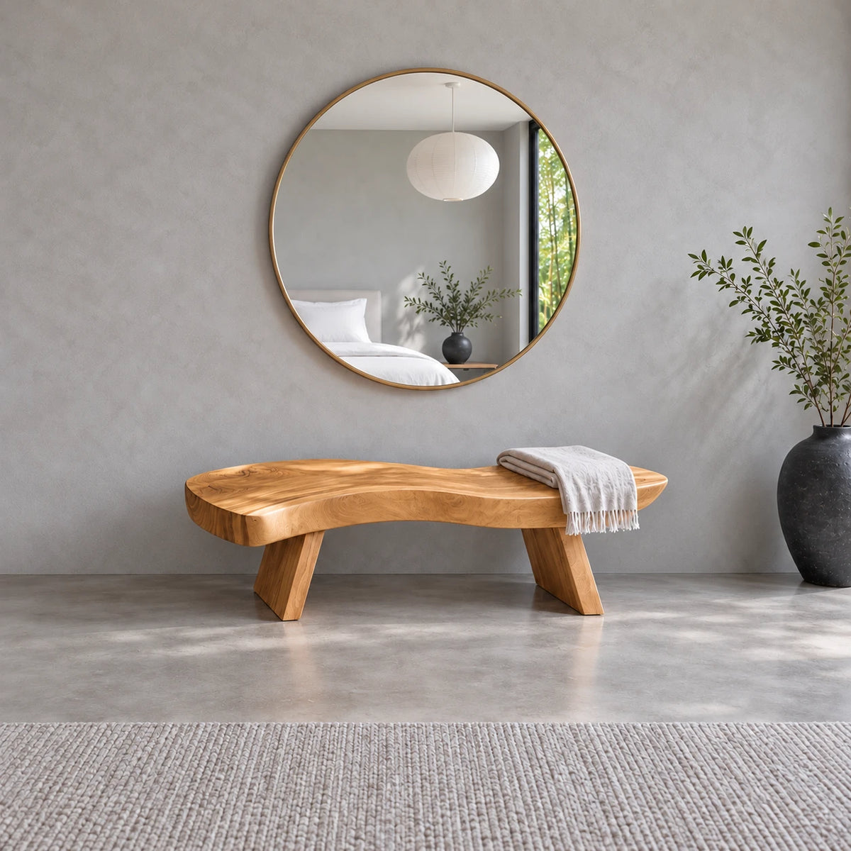 End of Bed Bench with Wavy Live-Edge Slab Seat on Two Splayed Panel Legs - Arboriswood - 12