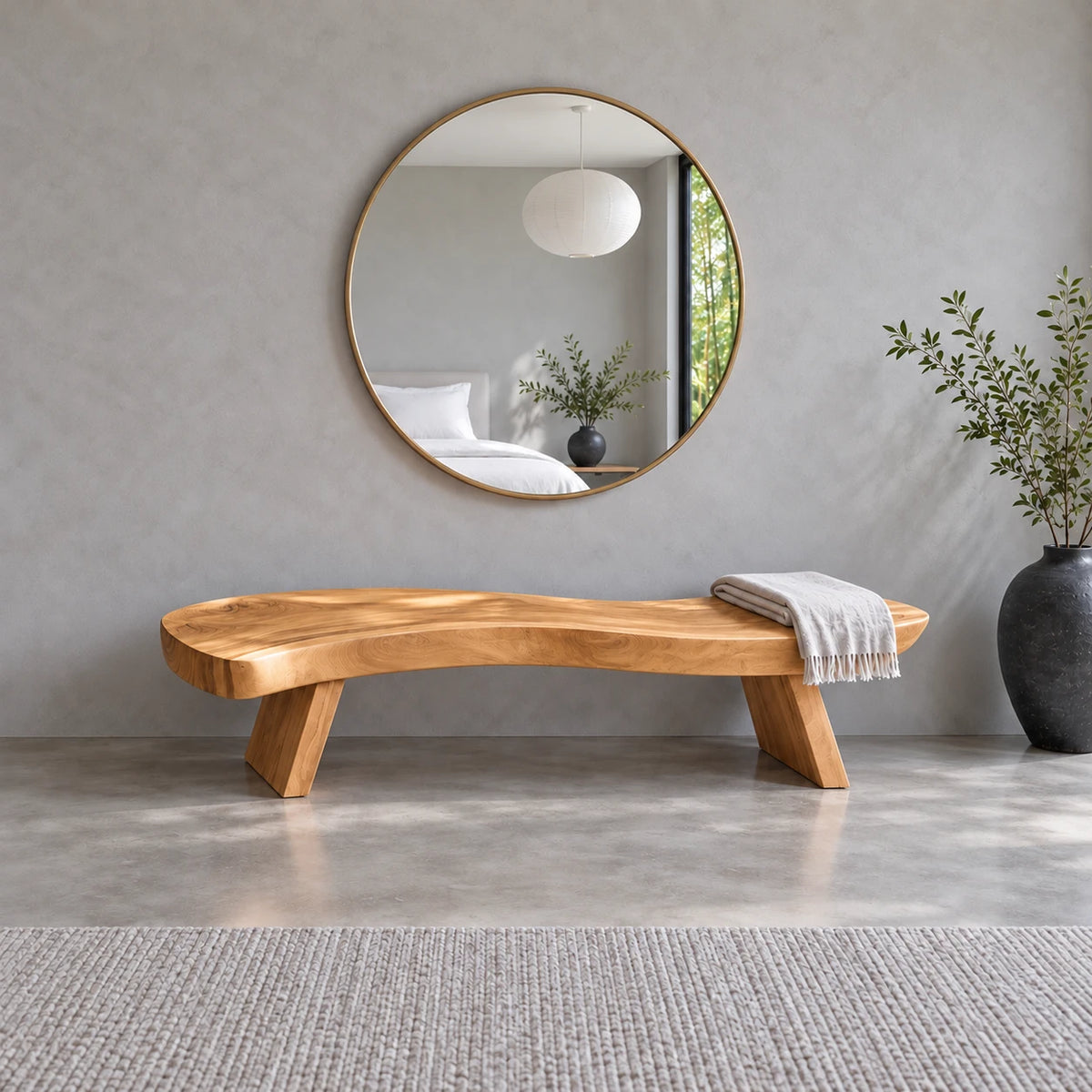 End of Bed Bench with Wavy Live-Edge Slab Seat on Two Splayed Panel Legs - Arboriswood - 14