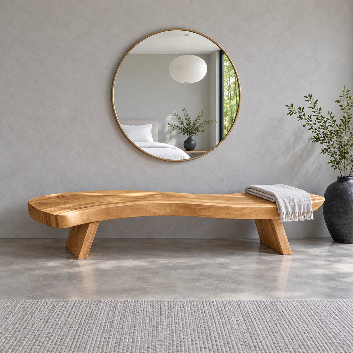 End of Bed Bench with Wavy Live-Edge Slab Seat on Two Splayed Panel Legs - Arboriswood - 2