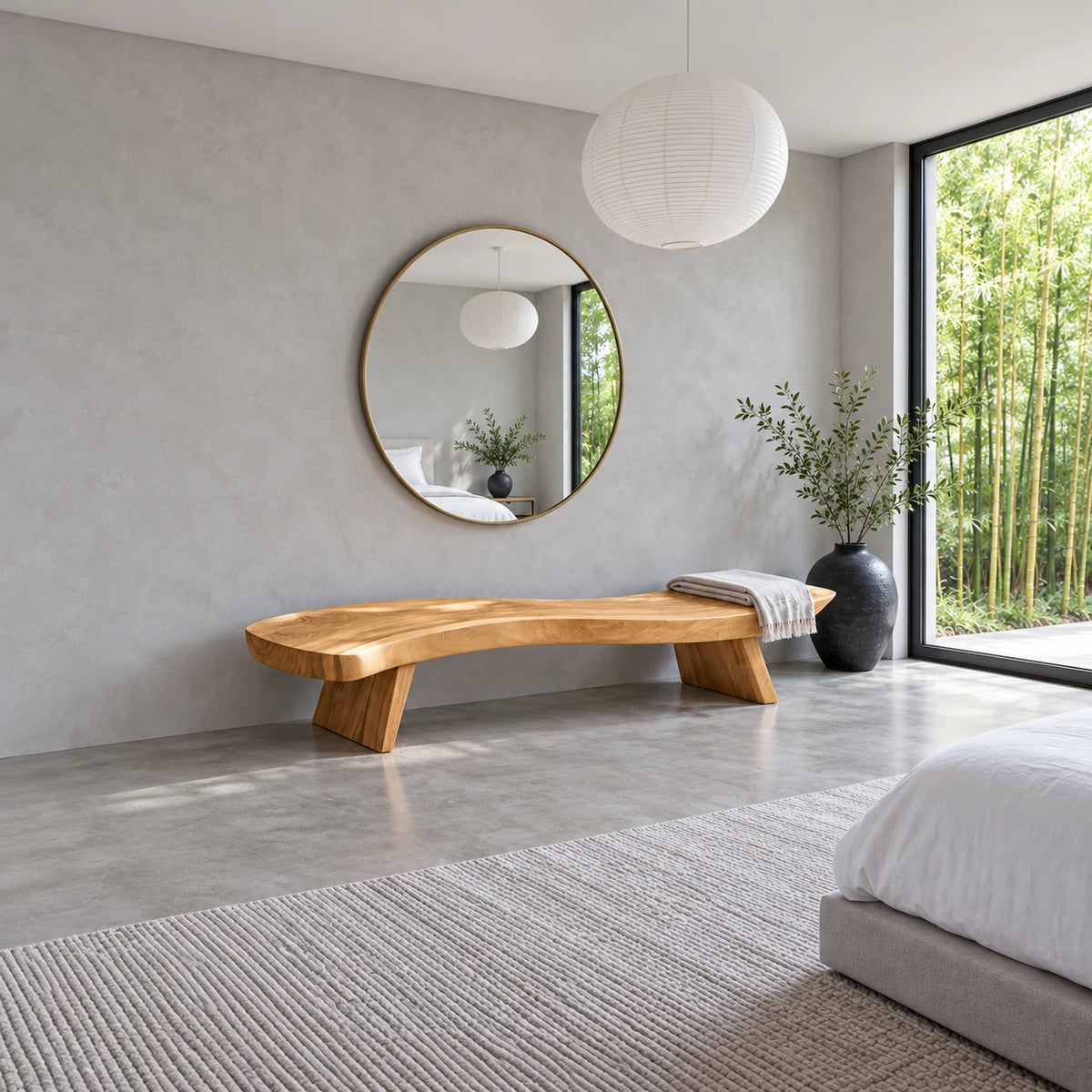 End of Bed Bench with Wavy Live-Edge Slab Seat on Two Splayed Panel Legs - Arboriswood - 3