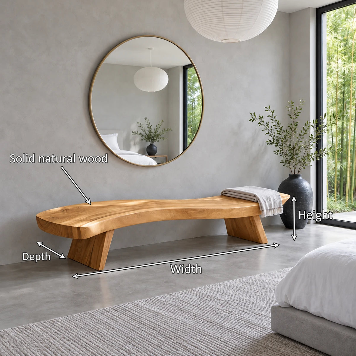 End of Bed Bench with Wavy Live-Edge Slab Seat on Two Splayed Panel Legs - Arboriswood - 7