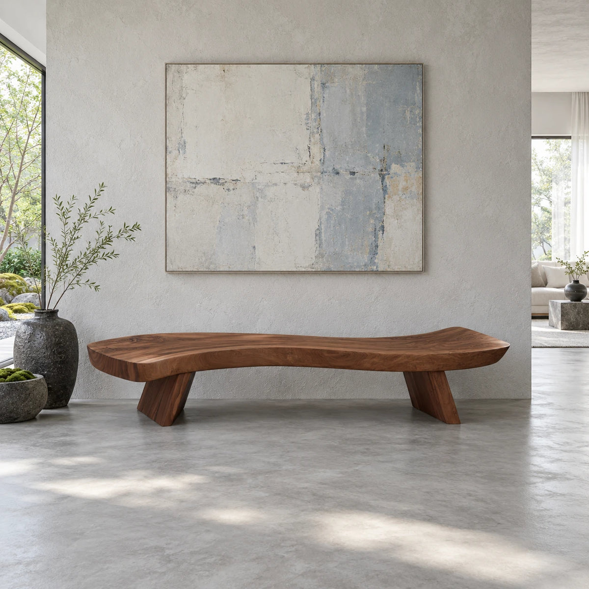 End of Bed Bench with Wavy Live-Edge Slab Seat on Two Splayed Panel Legs - Arboriswood - 8