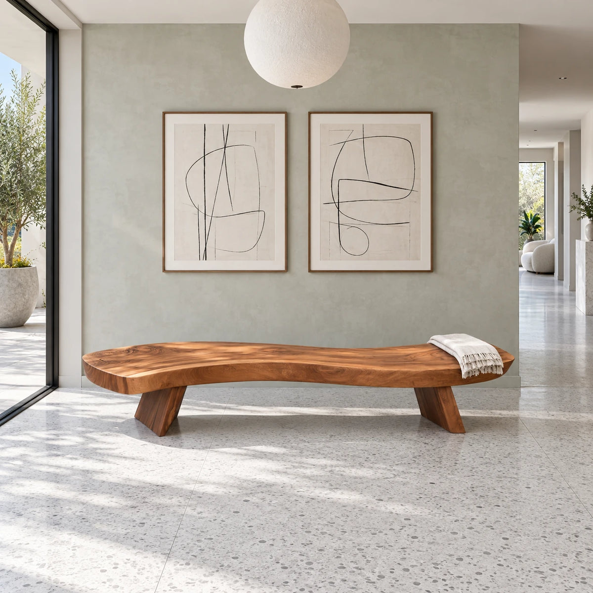 End of Bed Bench with Wavy Live-Edge Slab Seat on Two Splayed Panel Legs - Arboriswood - 9
