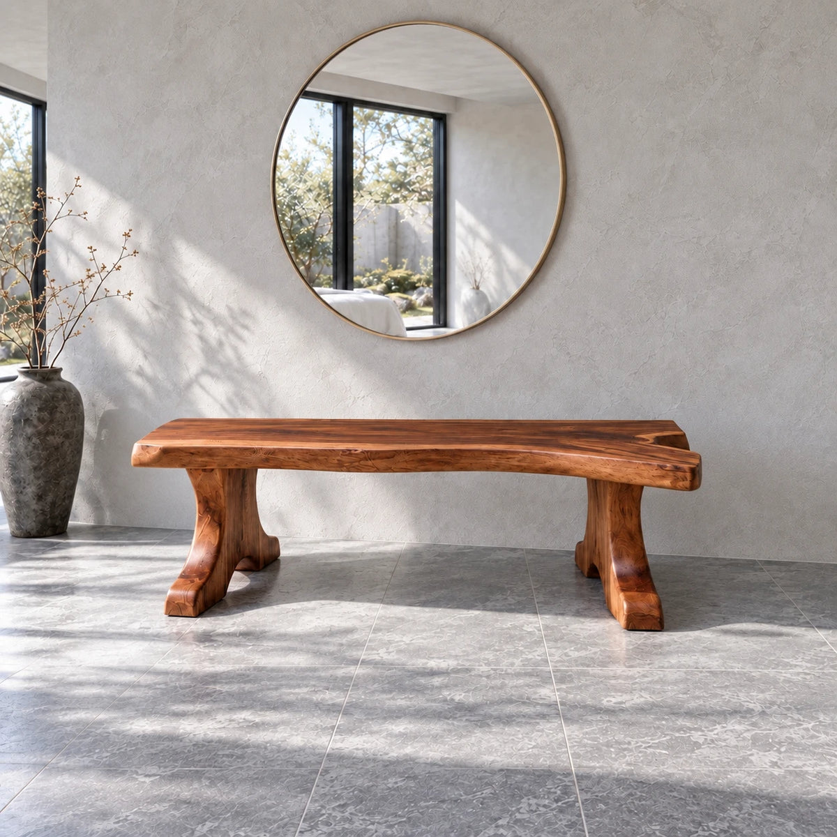 Entryway Bench, Live-Edge Slab Seat on Twin Carved Split-Foot Trestle Supports - Arboriswood - 13