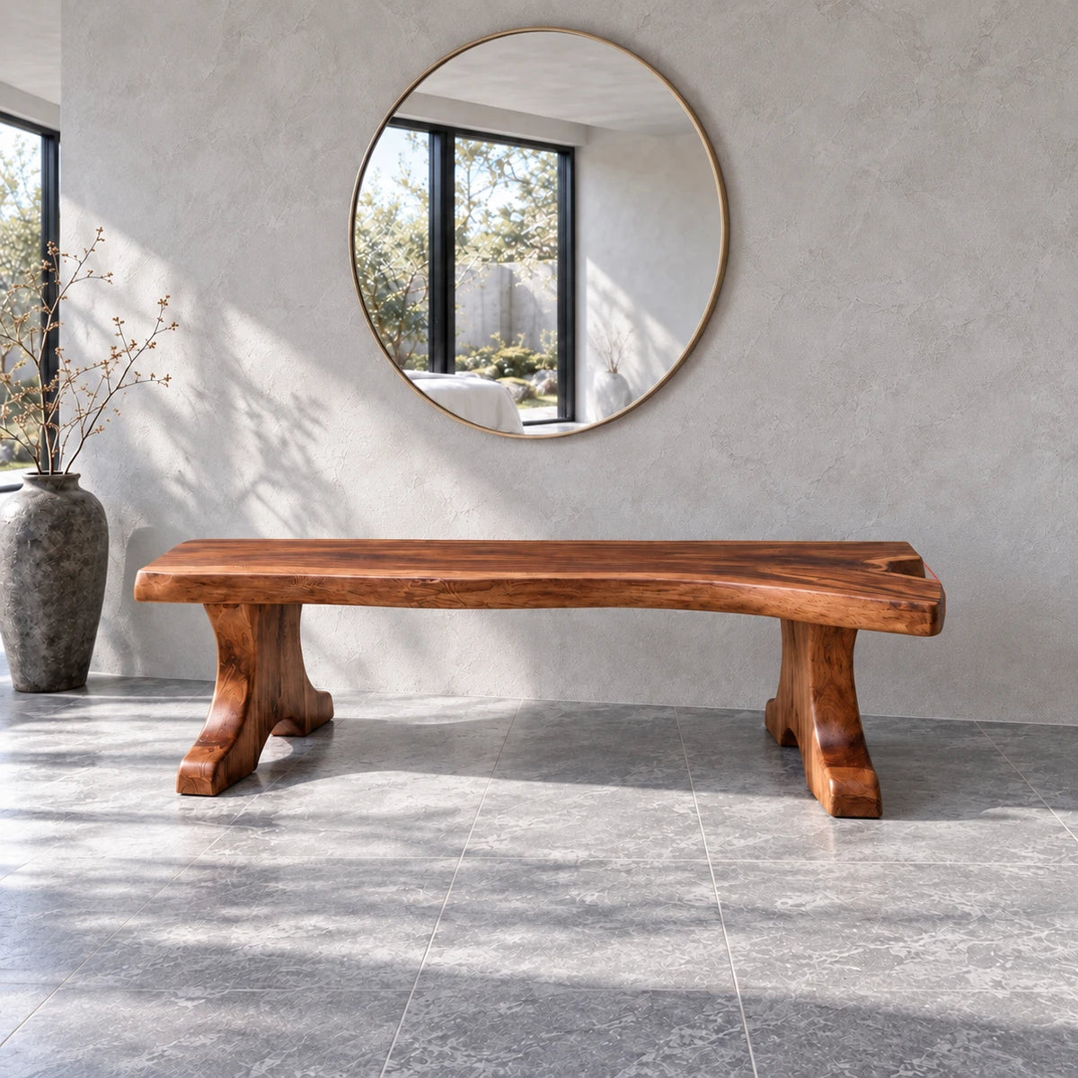 Entryway Bench, Live-Edge Slab Seat on Twin Carved Split-Foot Trestle Supports - Arboriswood - 14
