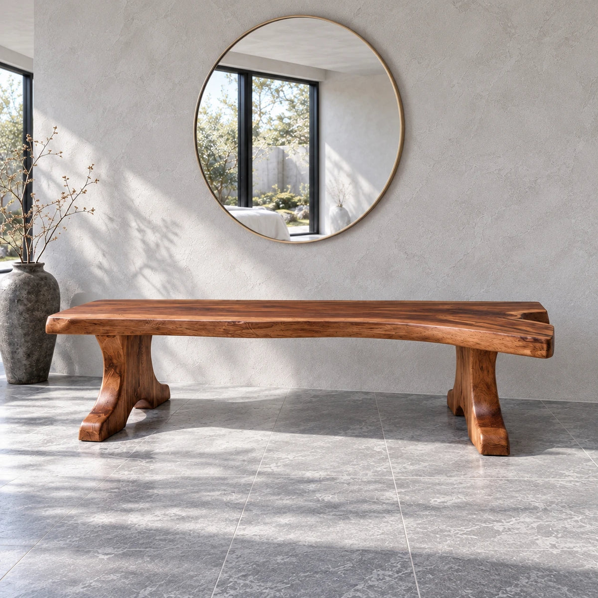 Entryway Bench, Live-Edge Slab Seat on Twin Carved Split-Foot Trestle Supports - Arboriswood - 2