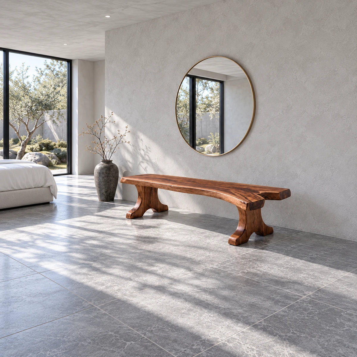 Entryway Bench, Live-Edge Slab Seat on Twin Carved Split-Foot Trestle Supports - Arboriswood - 3