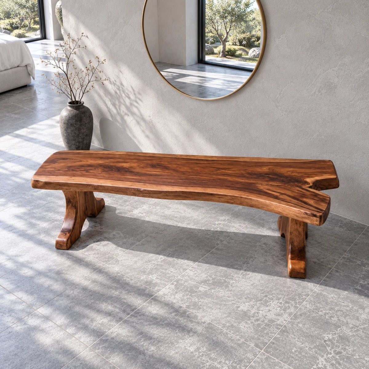 Entryway Bench, Live-Edge Slab Seat on Twin Carved Split-Foot Trestle Supports - Arboriswood - 5