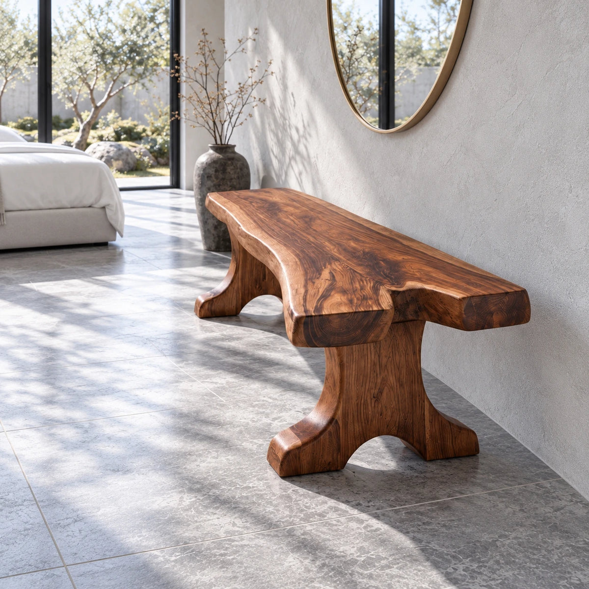 Entryway Bench, Live-Edge Slab Seat on Twin Carved Split-Foot Trestle Supports - Arboriswood - 6