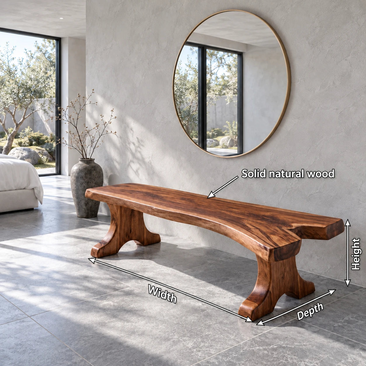 Entryway Bench, Live-Edge Slab Seat on Twin Carved Split-Foot Trestle Supports - Arboriswood - 7