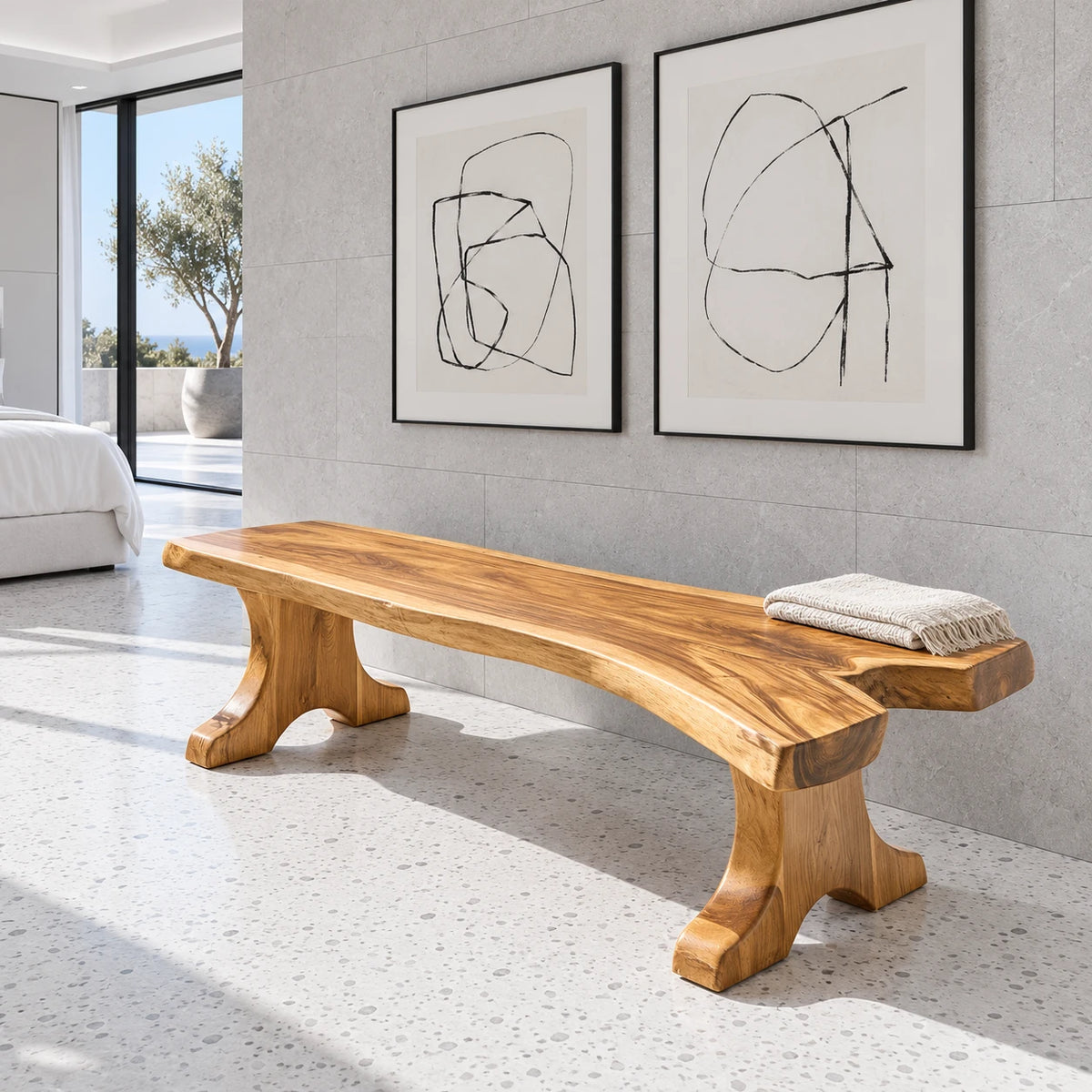 Entryway Bench, Live-Edge Slab Seat on Twin Carved Split-Foot Trestle Supports - Arboriswood - 8