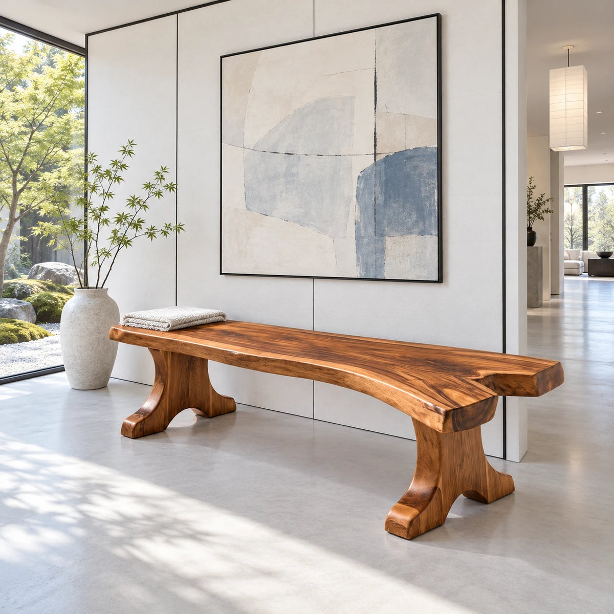 Entryway Bench, Live-Edge Slab Seat on Twin Carved Split-Foot Trestle Supports - Arboriswood - 9