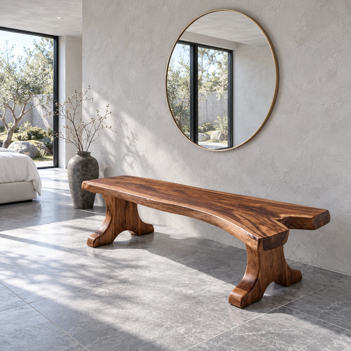 Entryway Bench, Live-Edge Slab Seat on Twin Carved Split-Foot Trestle Supports - Arboriswood