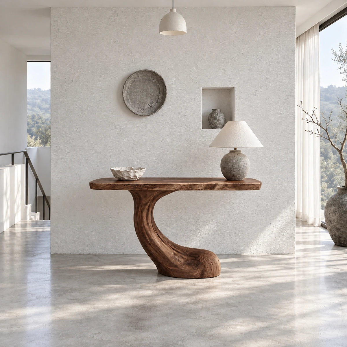 Entryway Console Table with Flowing S-Curve Pedestal and Live-Edge Slab Top - Arboriswood - 11