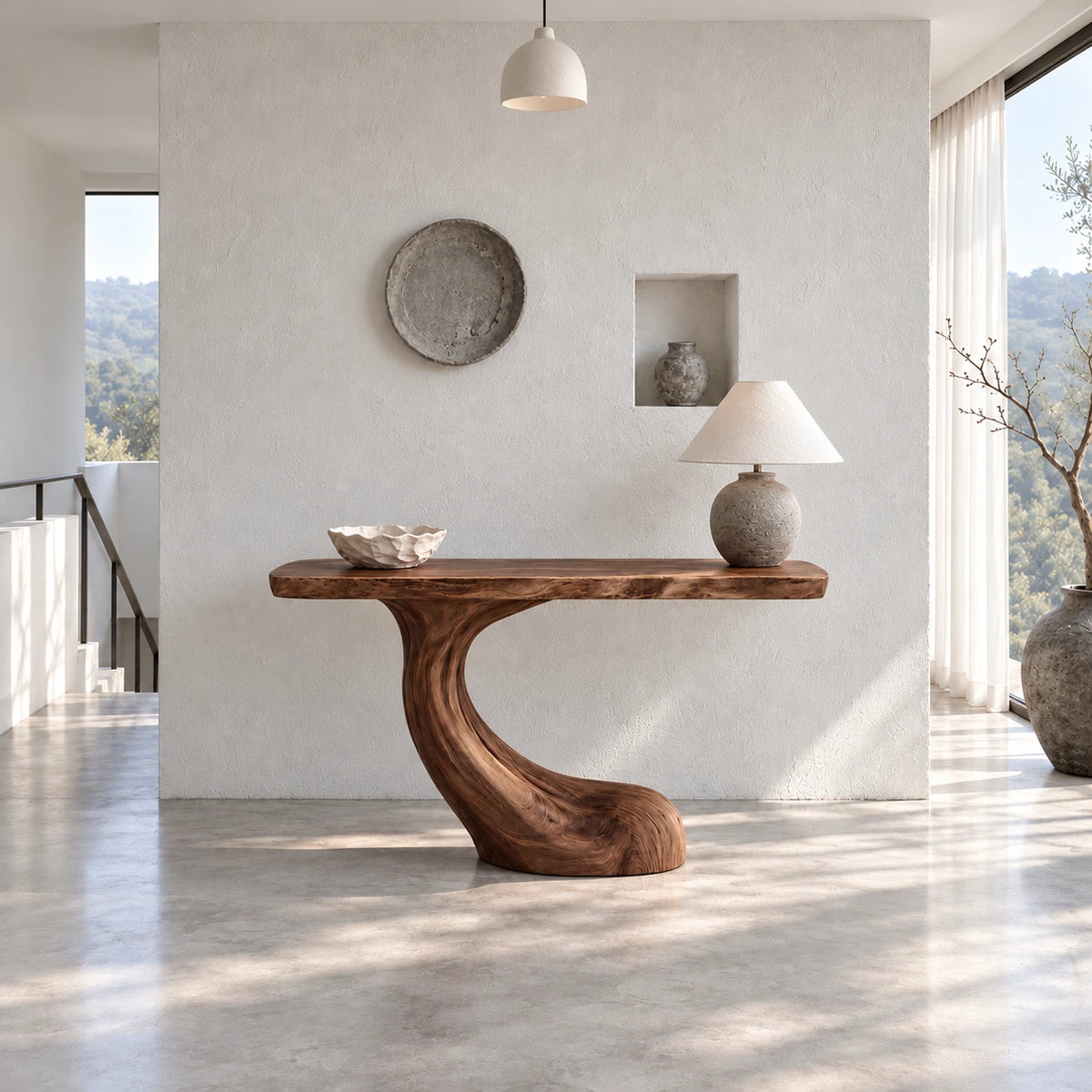 Entryway Console Table with Flowing S-Curve Pedestal and Live-Edge Slab Top - Arboriswood - 12