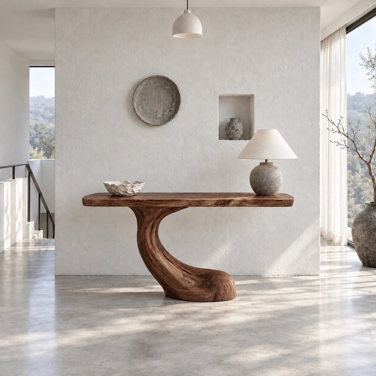 Entryway Console Table with Flowing S-Curve Pedestal and Live-Edge Slab Top - Arboriswood - 13