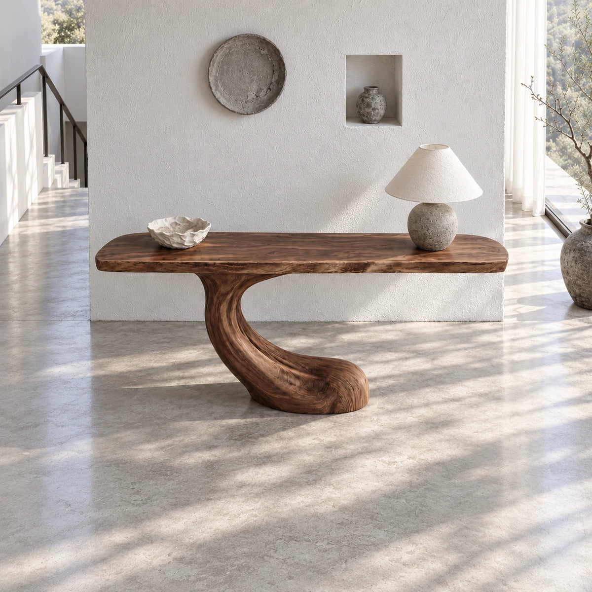Entryway Console Table with Flowing S-Curve Pedestal and Live-Edge Slab Top - Arboriswood - 5
