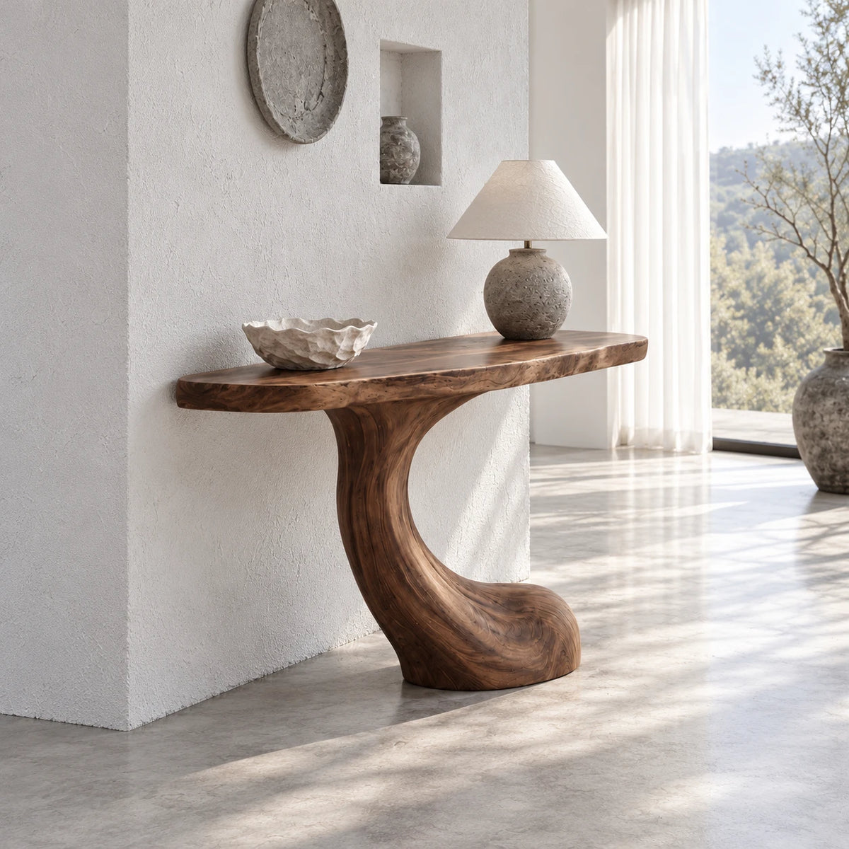 Entryway Console Table with Flowing S-Curve Pedestal and Live-Edge Slab Top - Arboriswood - 6