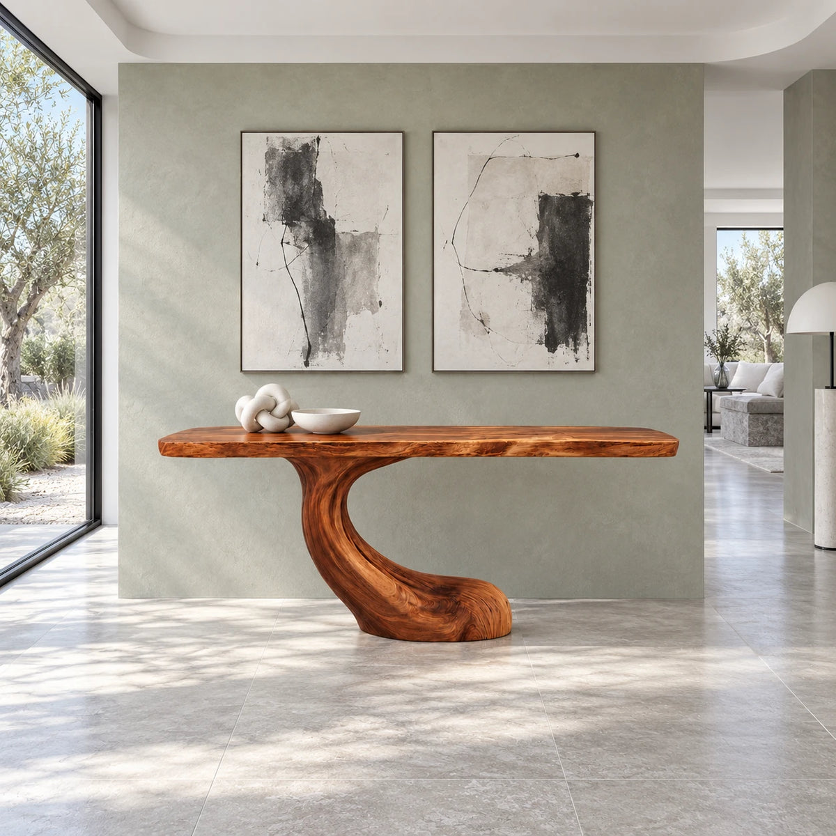 Entryway Console Table with Flowing S-Curve Pedestal and Live-Edge Slab Top - Arboriswood - 9