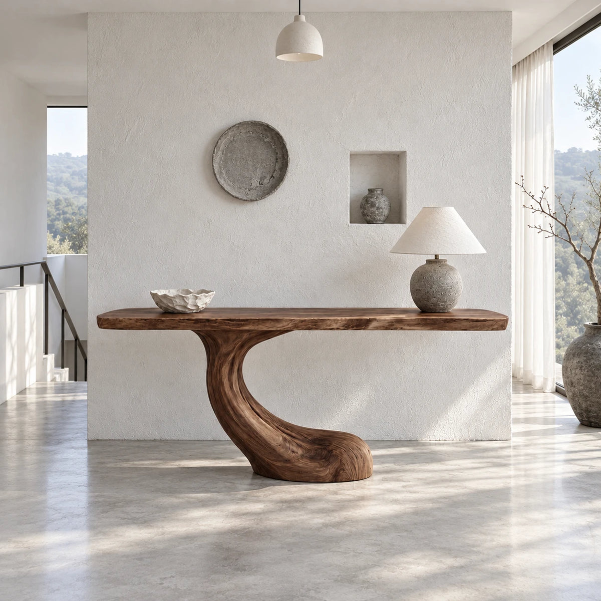 Entryway Console Table with Flowing S-Curve Pedestal and Live-Edge Slab Top - Arboriswood