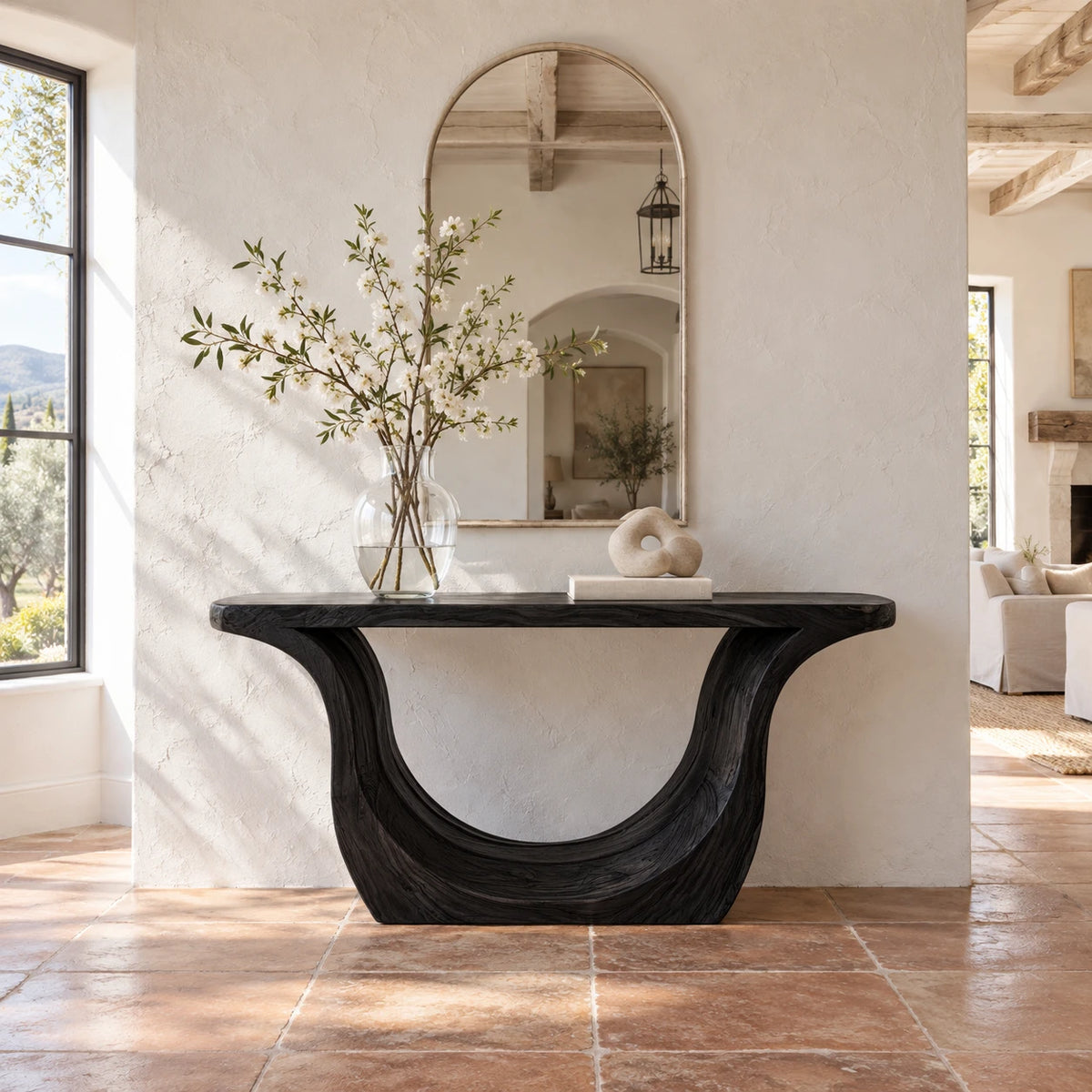 Entryway Console Table with Sweeping U-Curve Pedestal and Live-Edge Slab Top - Arboriswood - 10