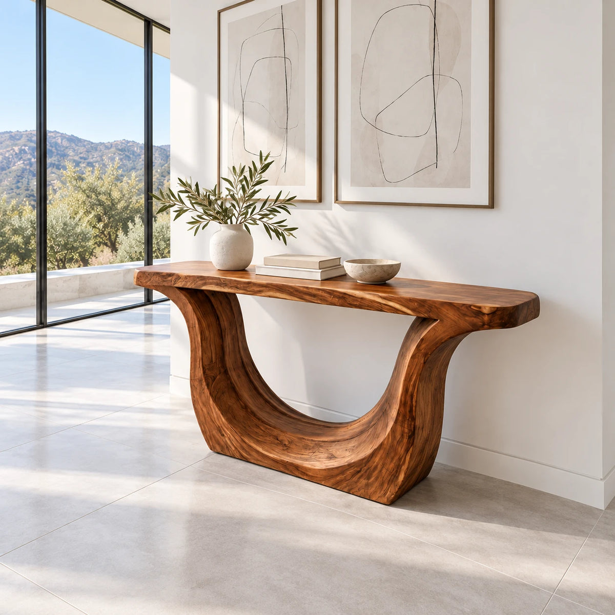 Entryway Console Table with Sweeping U-Curve Pedestal and Live-Edge Slab Top - Arboriswood - 2
