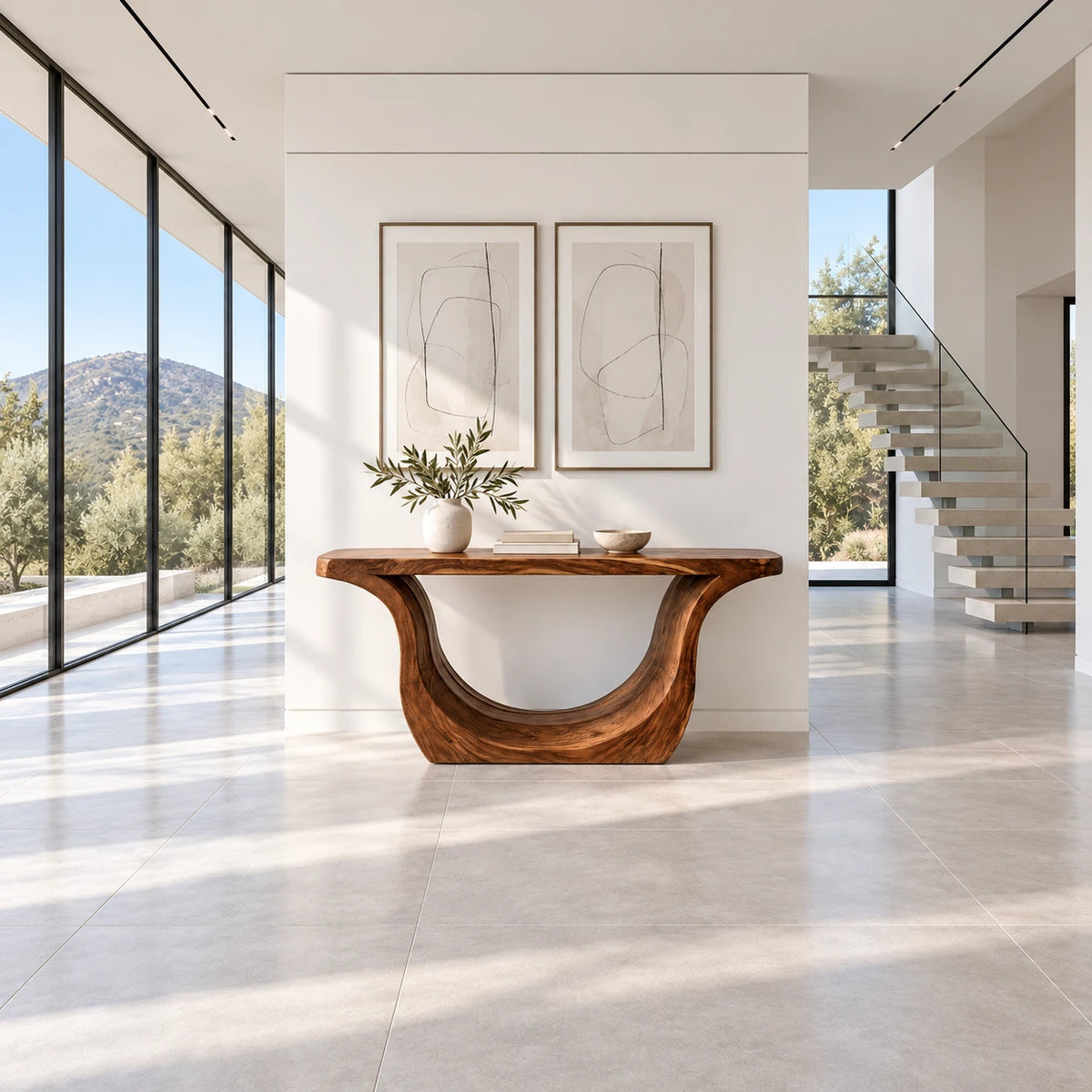 Entryway Console Table with Sweeping U-Curve Pedestal and Live-Edge Slab Top - Arboriswood - 3