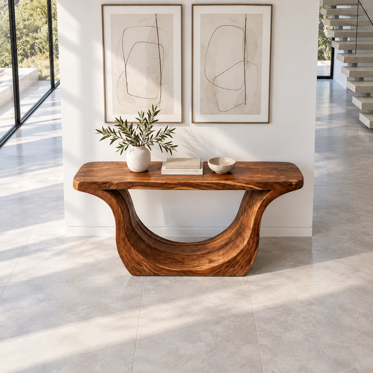 Entryway Console Table with Sweeping U-Curve Pedestal and Live-Edge Slab Top - Arboriswood - 5