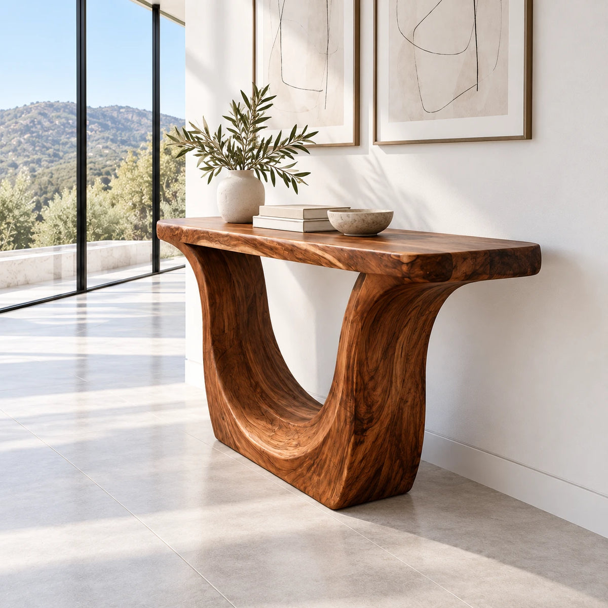 Entryway Console Table with Sweeping U-Curve Pedestal and Live-Edge Slab Top - Arboriswood - 6