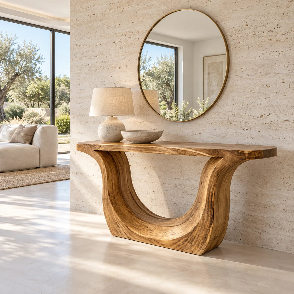 Entryway Console Table with Sweeping U-Curve Pedestal and Live-Edge Slab Top - Arboriswood - 9