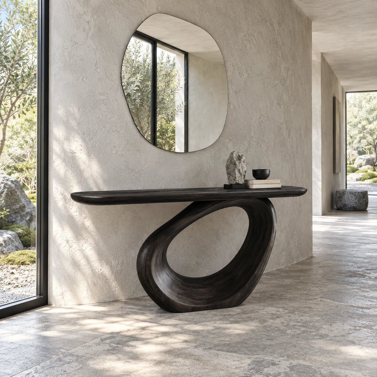 Entryway Table with Continuous Ribbon-Loop Pedestal and Rounded-End Slab Top - Arboriswood - 10