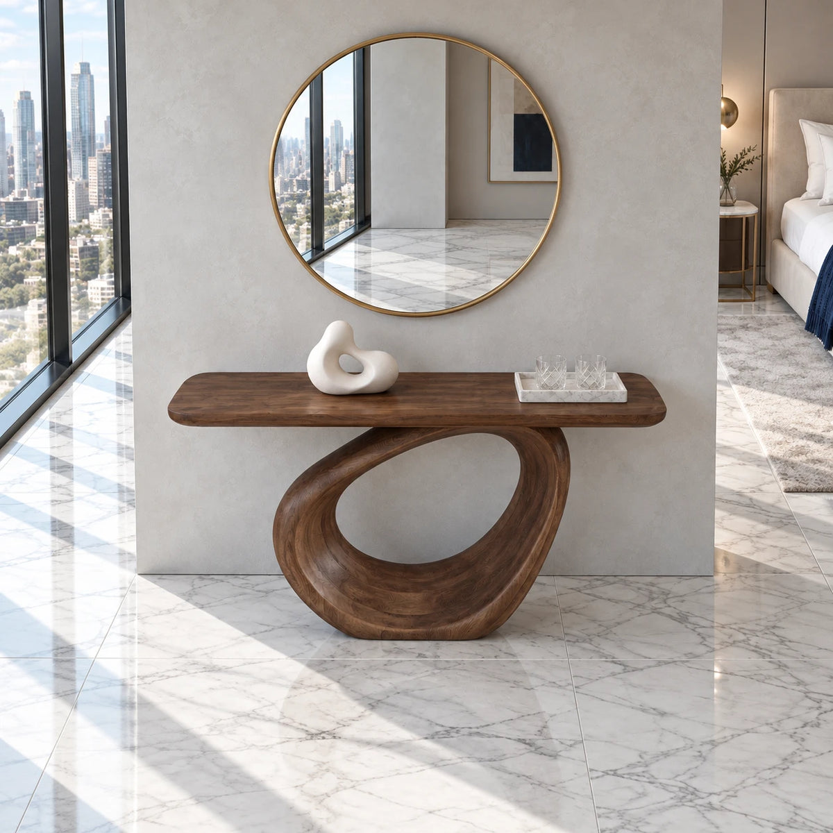 Entryway Table with Continuous Ribbon-Loop Pedestal and Rounded-End Slab Top - Arboriswood - 5