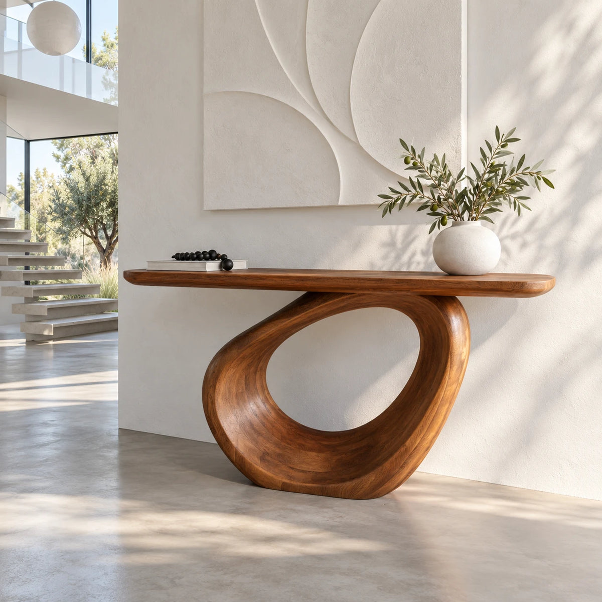 Entryway Table with Continuous Ribbon-Loop Pedestal and Rounded-End Slab Top - Arboriswood - 9