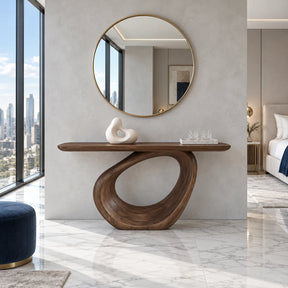 Entryway Table with Continuous Ribbon-Loop Pedestal and Rounded-End Slab Top - Arboriswood