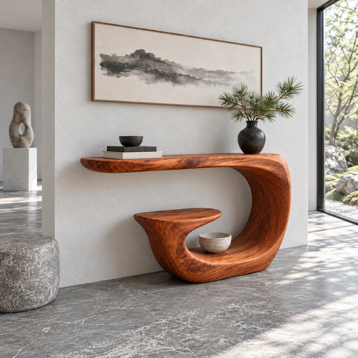Entryway Table with Storage, Curling Hook Pedestal and Nested Open Shelf - Arboriswood - 2
