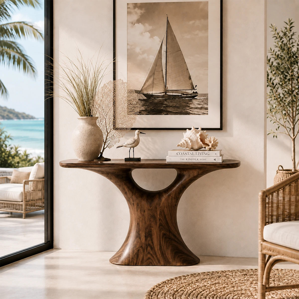 Luxury foyer table with a flared pedestal base and generous top for decor display