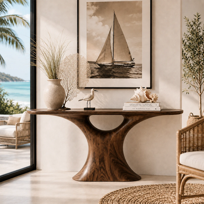 Contemporary console table showcases a fluid support design in an airy coastal setting