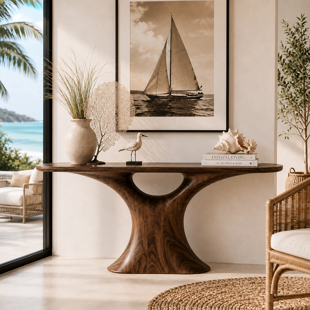Wood tone console table with sculpted central base and elegant seaside home styling