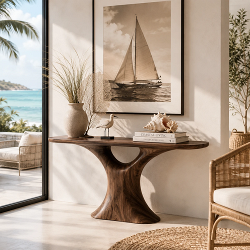 Sculptural console table with flared pedestal base in a bright coastal interior setting
