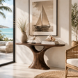 Sculptural console table with flared pedestal base in a bright coastal interior setting