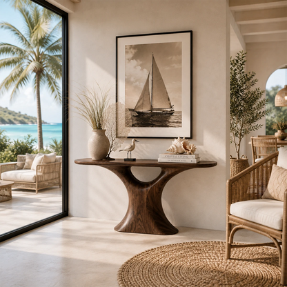 Organic modern console table styled with seaside decor and warm wood tone finish