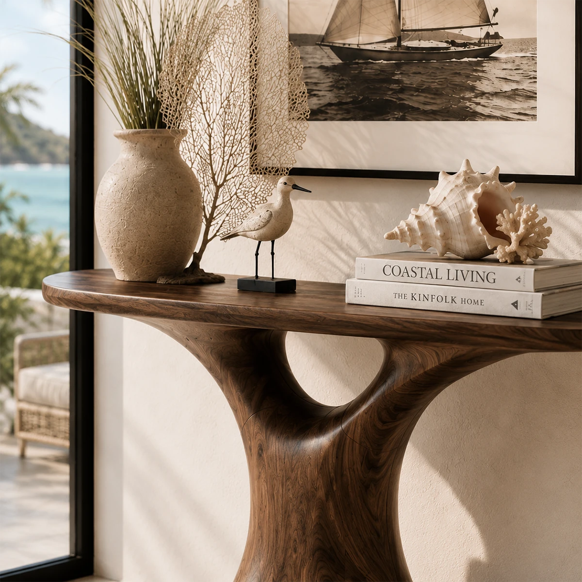 Designer hallway table with sculpted pedestal form and visible grain near ocean views