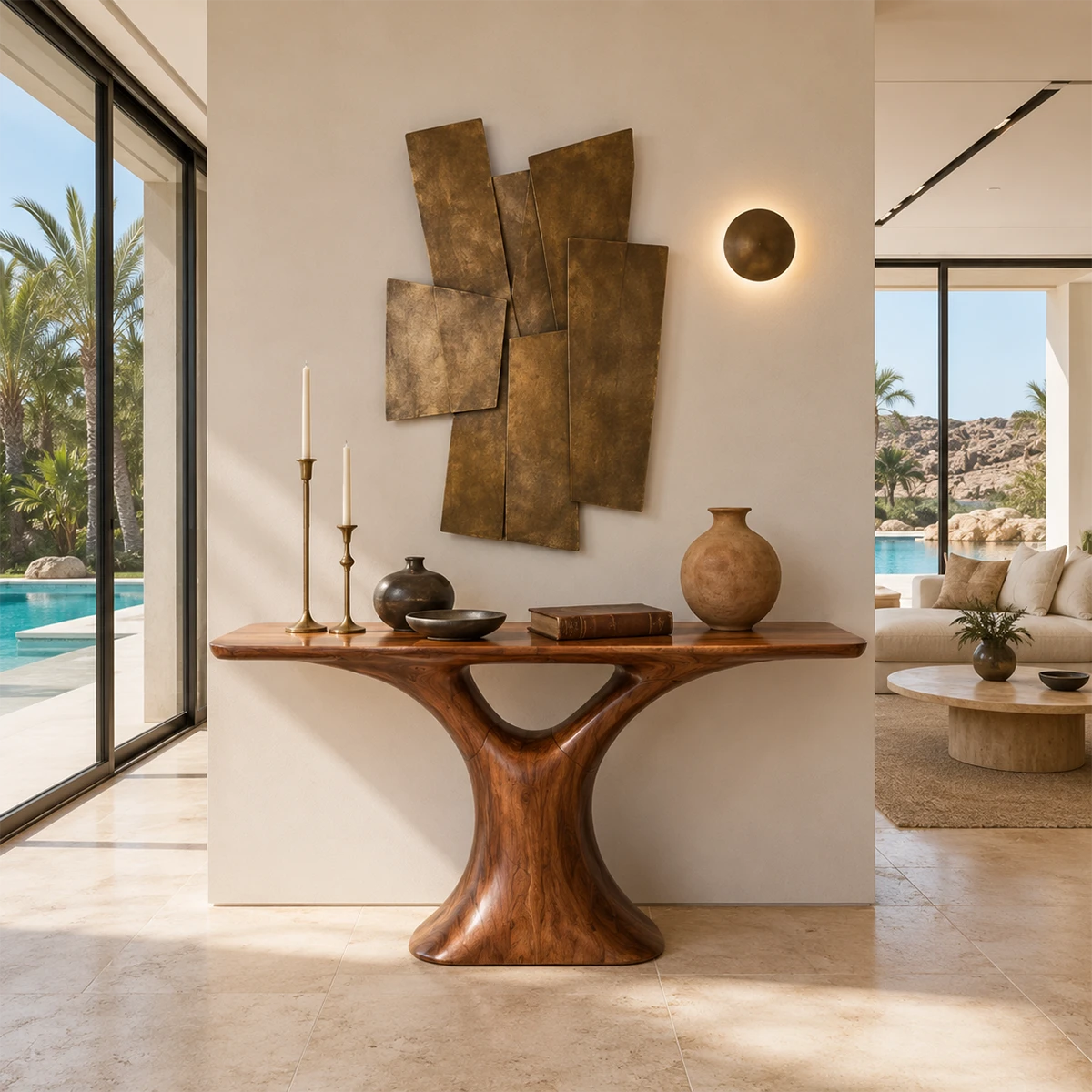 Artistic sofa table with flowing curves and a broad top in a relaxed beach house space