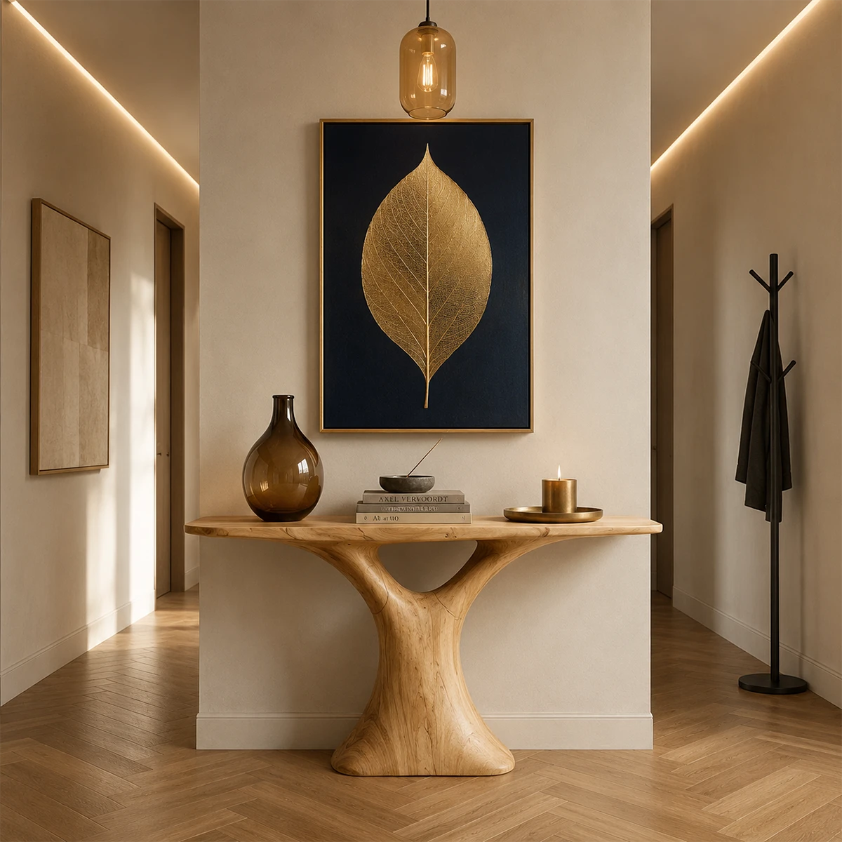 Modern accent console with sculptural support and styled decor beside a sunny window