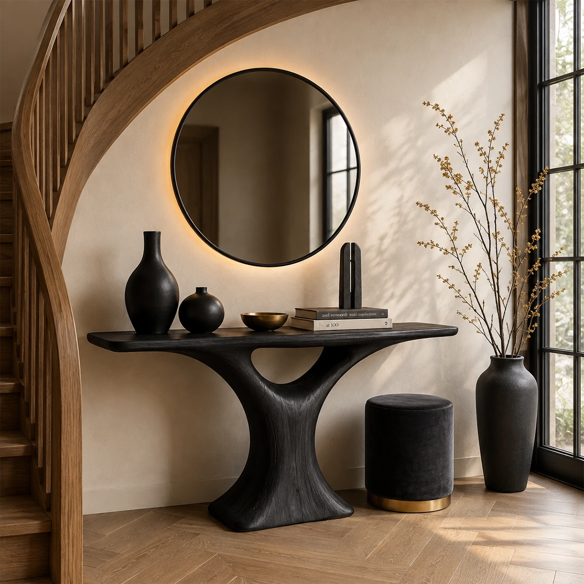 Curved console table displayed beneath sailboat art in a calm luxury coastal interior